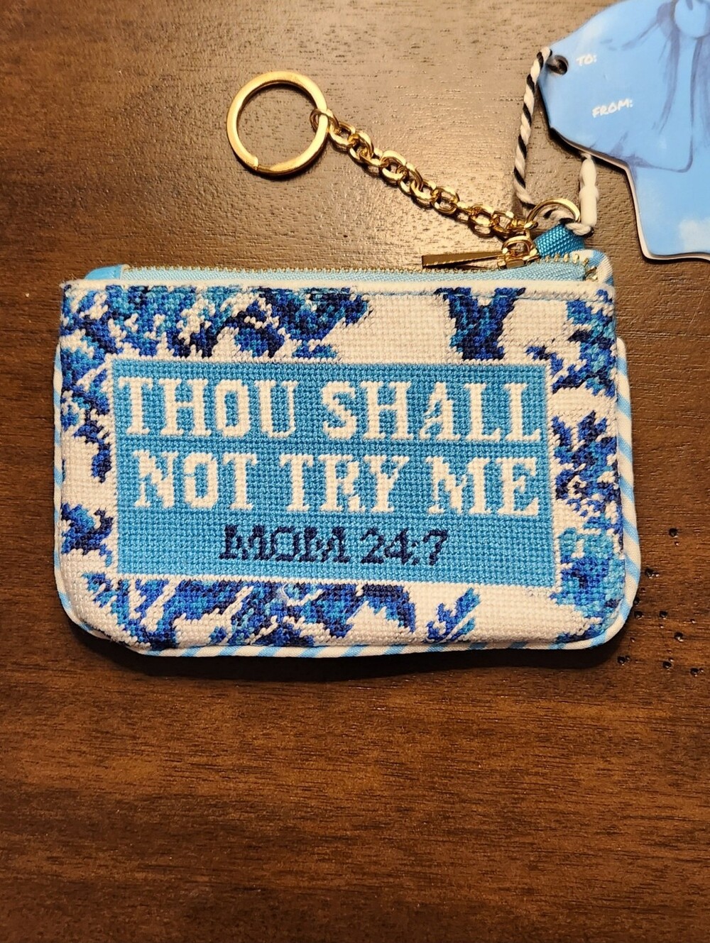 Blue & White Crossstitch Keychain Pouch - 'Thou Shall Not Try Me'